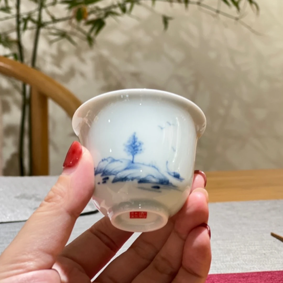 景德镇青花瓷釉下彩溪山泊舟铃铛杯陶瓷品茗杯主人杯贵和祥家用