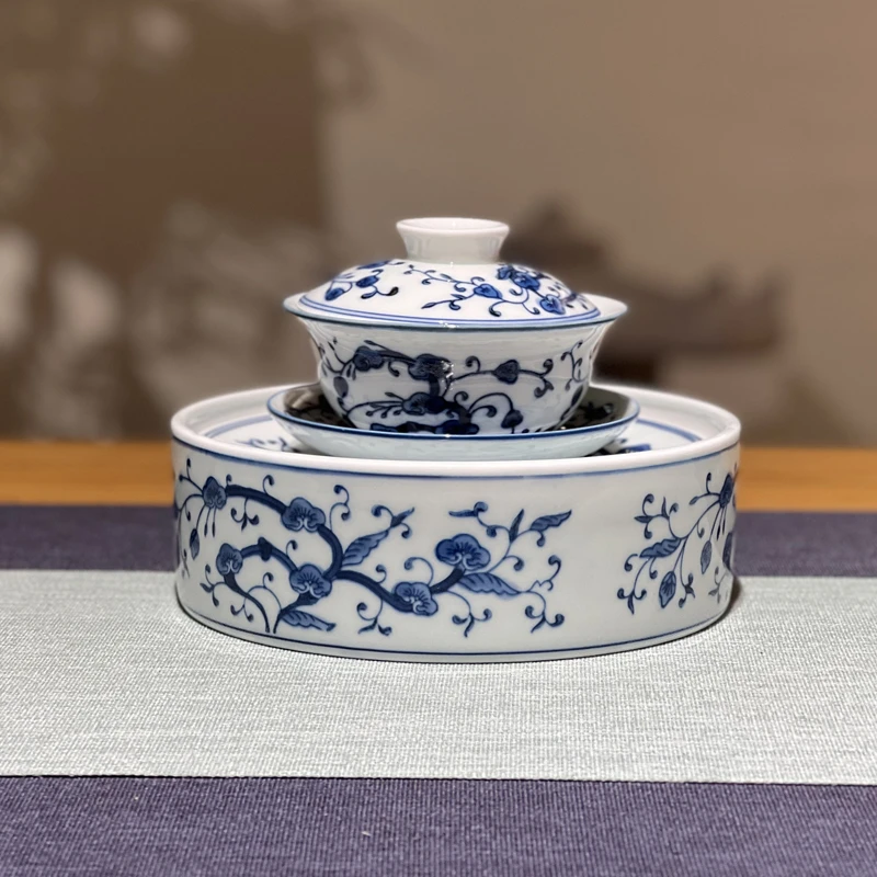 京德茶具手绘青花瓷灵芝纹双层茶盘壶承干泡台景德镇陶瓷茶具圆形