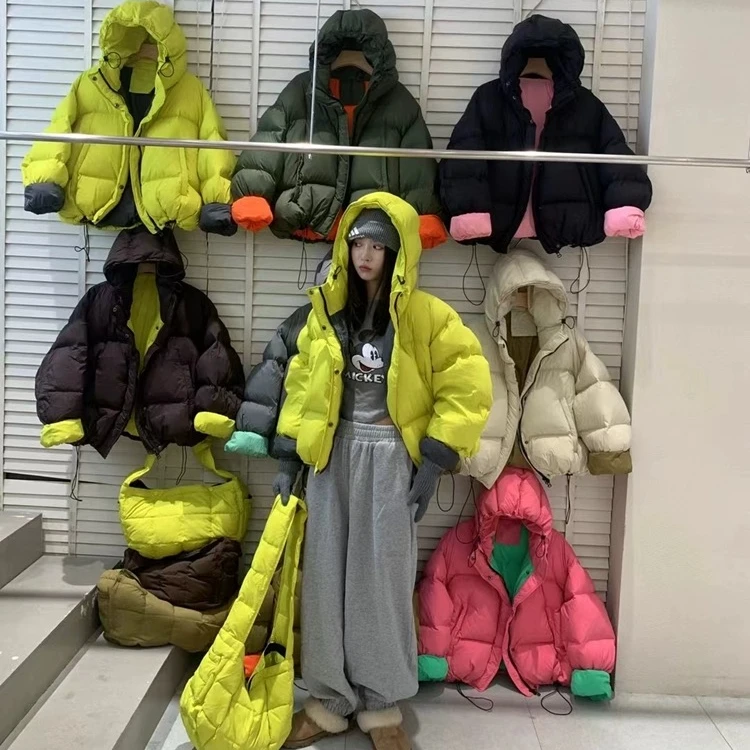 韩版撞色白鸭绒羽绒服女短款2024年新款糖果色系面包服外套