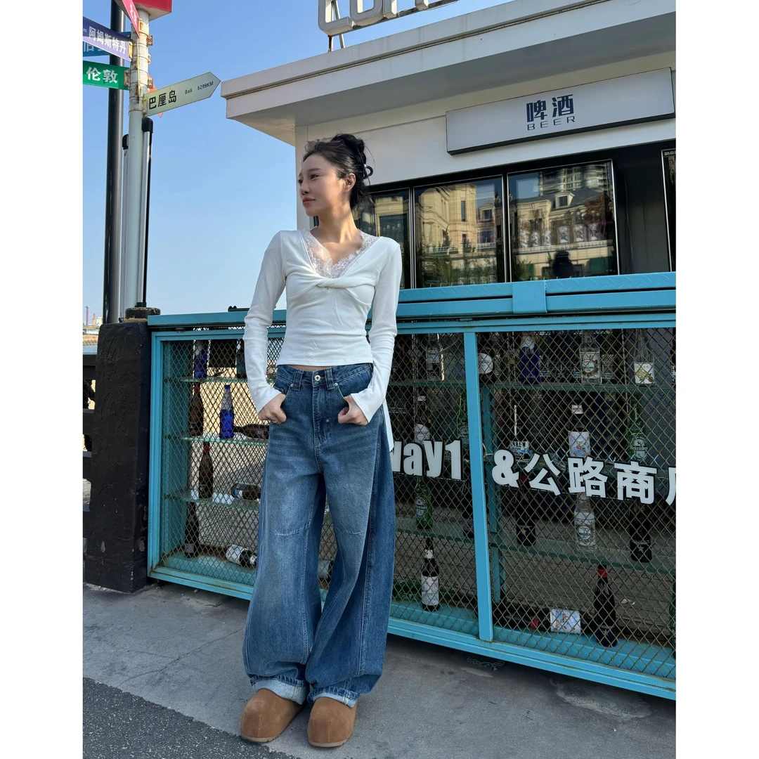 8932冬季磨毛加厚性感v领蕾丝T恤显瘦小个子设计感短款小众