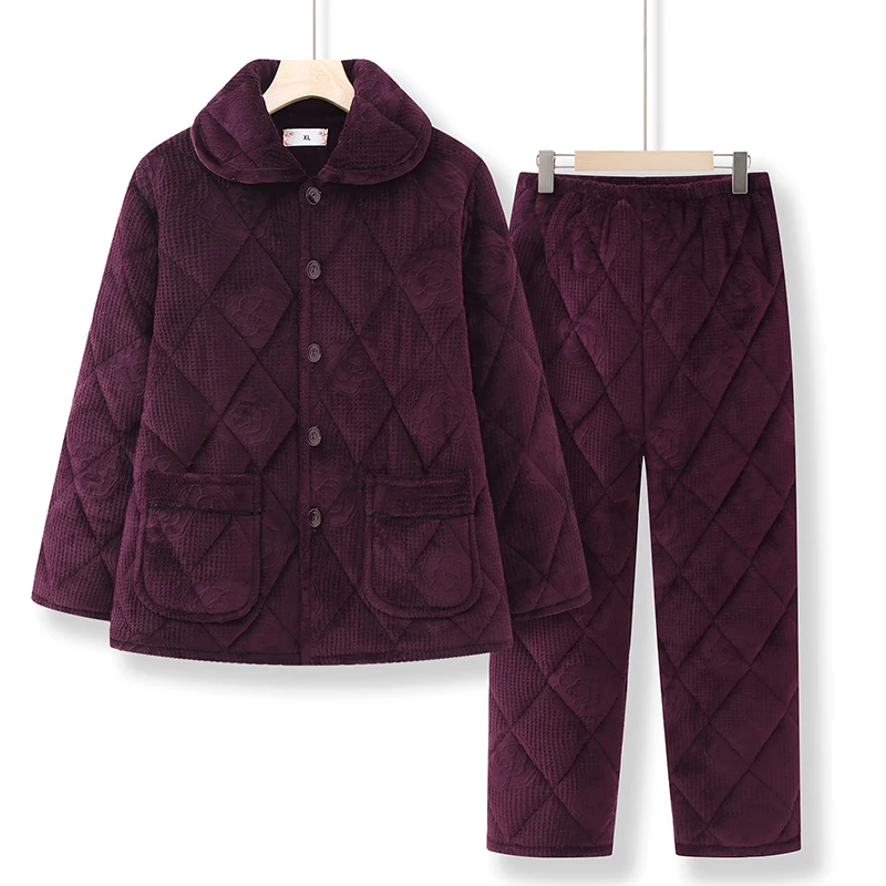 冬季中老年睡衣套装女珊瑚绒三层夹棉加厚加绒奶奶老人保暖家居服