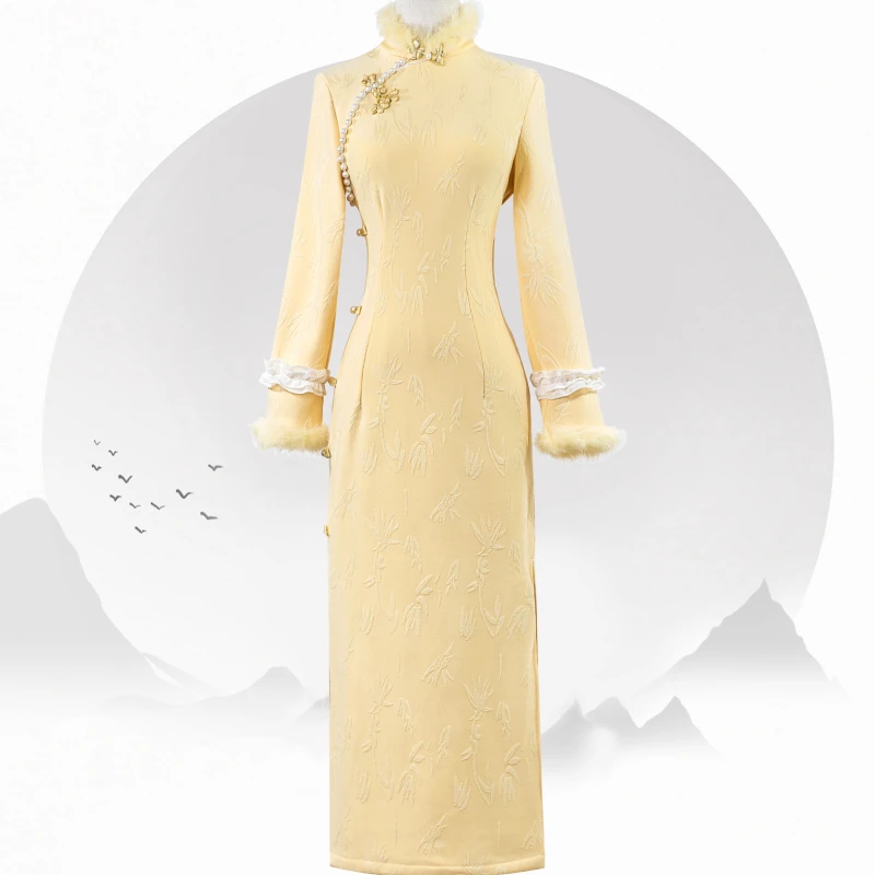 AL001花蕊黄竹叶暗纹修身秋冬中国风旗袍日常秋冬加绒显瘦气质