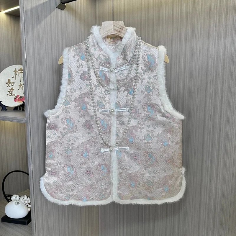 35170粉色鱼跃龙门织锦国风新中式马甲秋冬加绒款日常百搭小个子