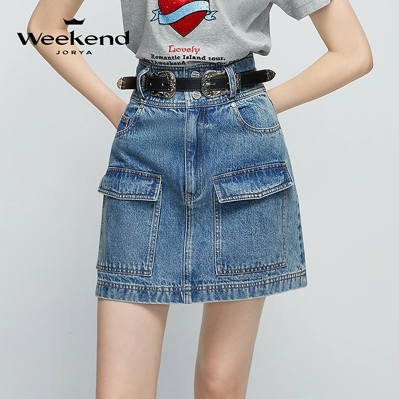卓雅周末春季新款通勤高腰A字腰带口袋水洗牛仔半身裙EJWEAN50