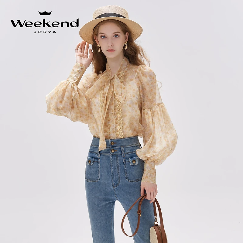 卓雅周末新款休闲蝴蝶结系带领木耳边灯笼袖碎花雪纺衫EJWDCR96