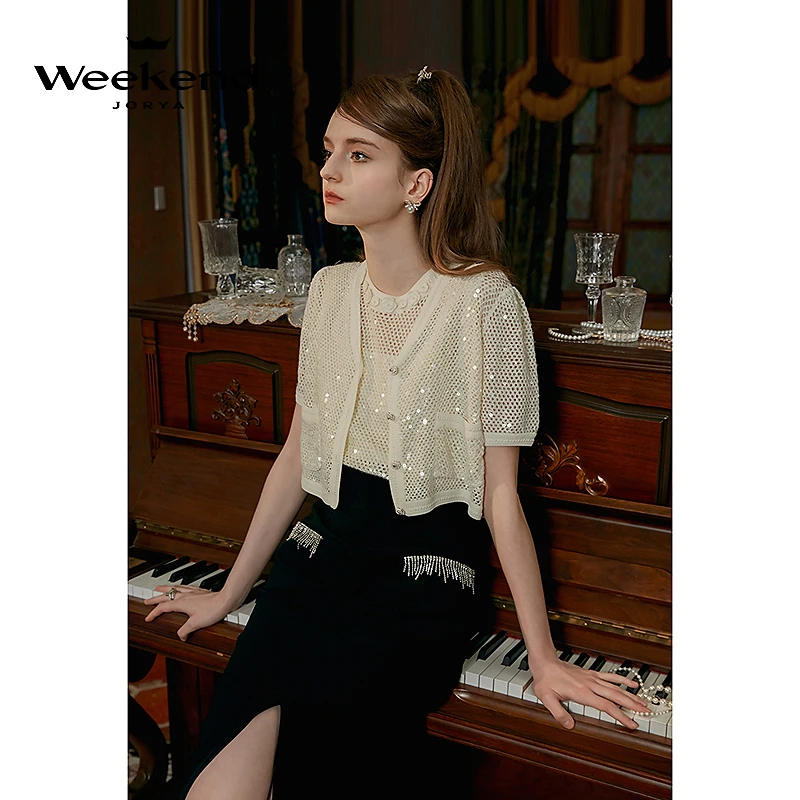 卓雅周末24夏季新款V领亮片单排扣口袋镂空短袖针织开衫EJWEBF12