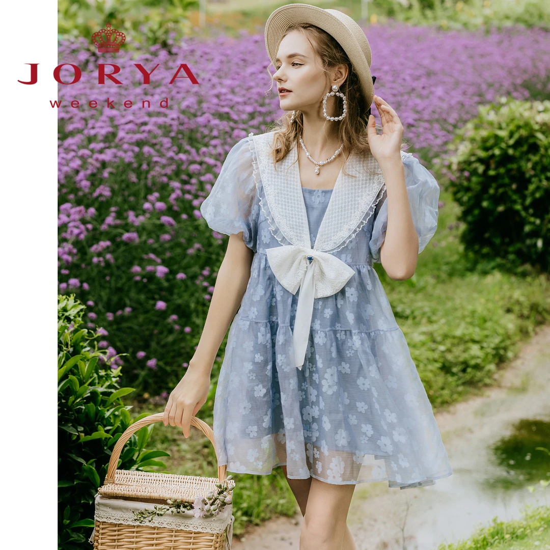 卓雅周末夏季甜美气质蝴蝶结海军领泡泡袖花朵网纱连衣裙EJWCBZ80