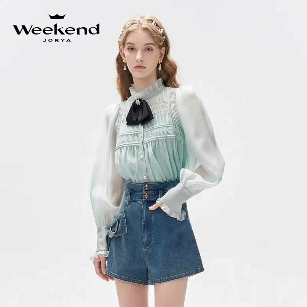 卓雅周末春季新款复古宫廷木耳边蝴蝶结雪纺衫上衣EJWDCQ44