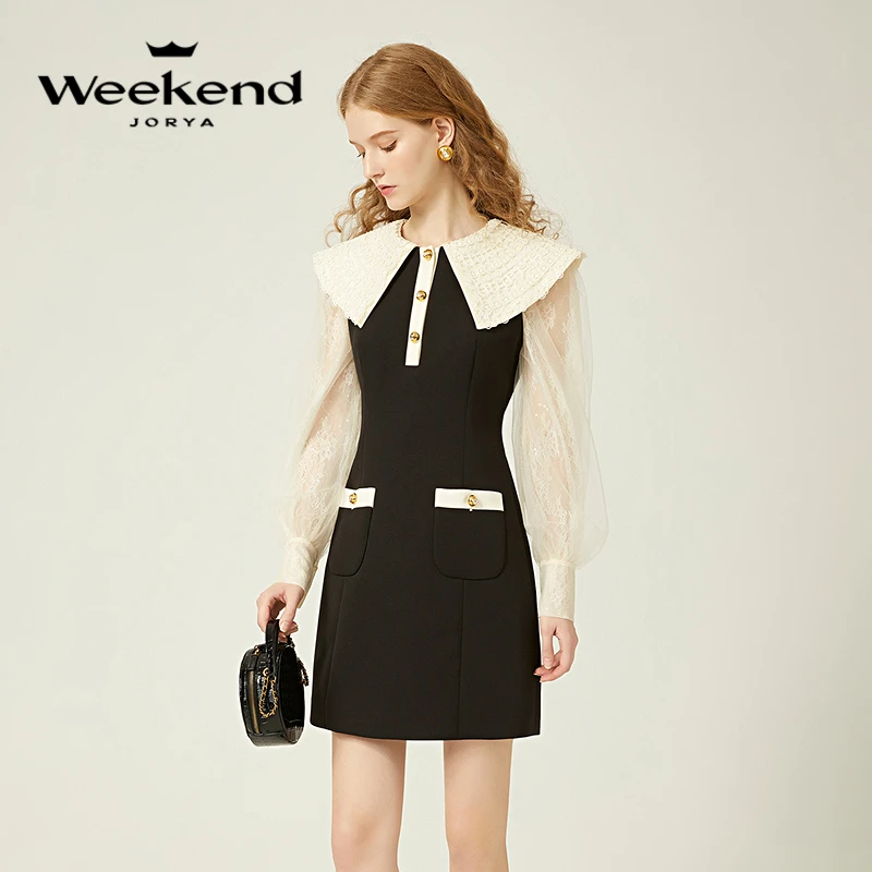 卓雅周末法式气质蕾丝大翻领灯笼袖钻扣双口袋连衣裙EJWDDQ71