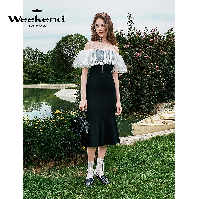 卓雅周末一秒入夏新款复古一字肩蕾丝吊带包臀鱼尾连衣裙EJWEBQ68