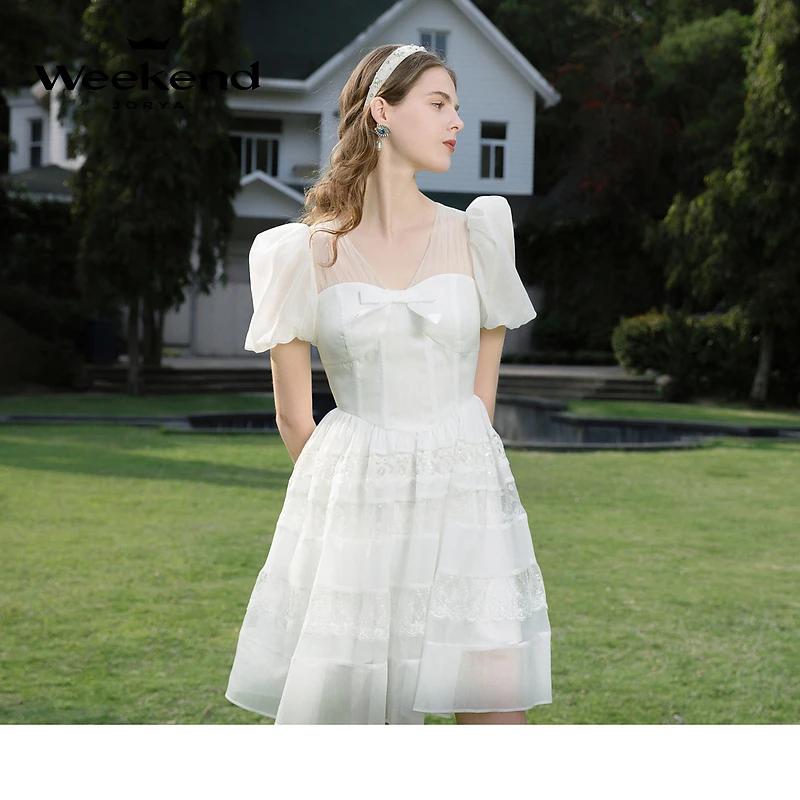 卓雅周末2024夏季新款泡泡袖网纱拼接鱼骨收腰蕾丝连衣裙EJWDBR99