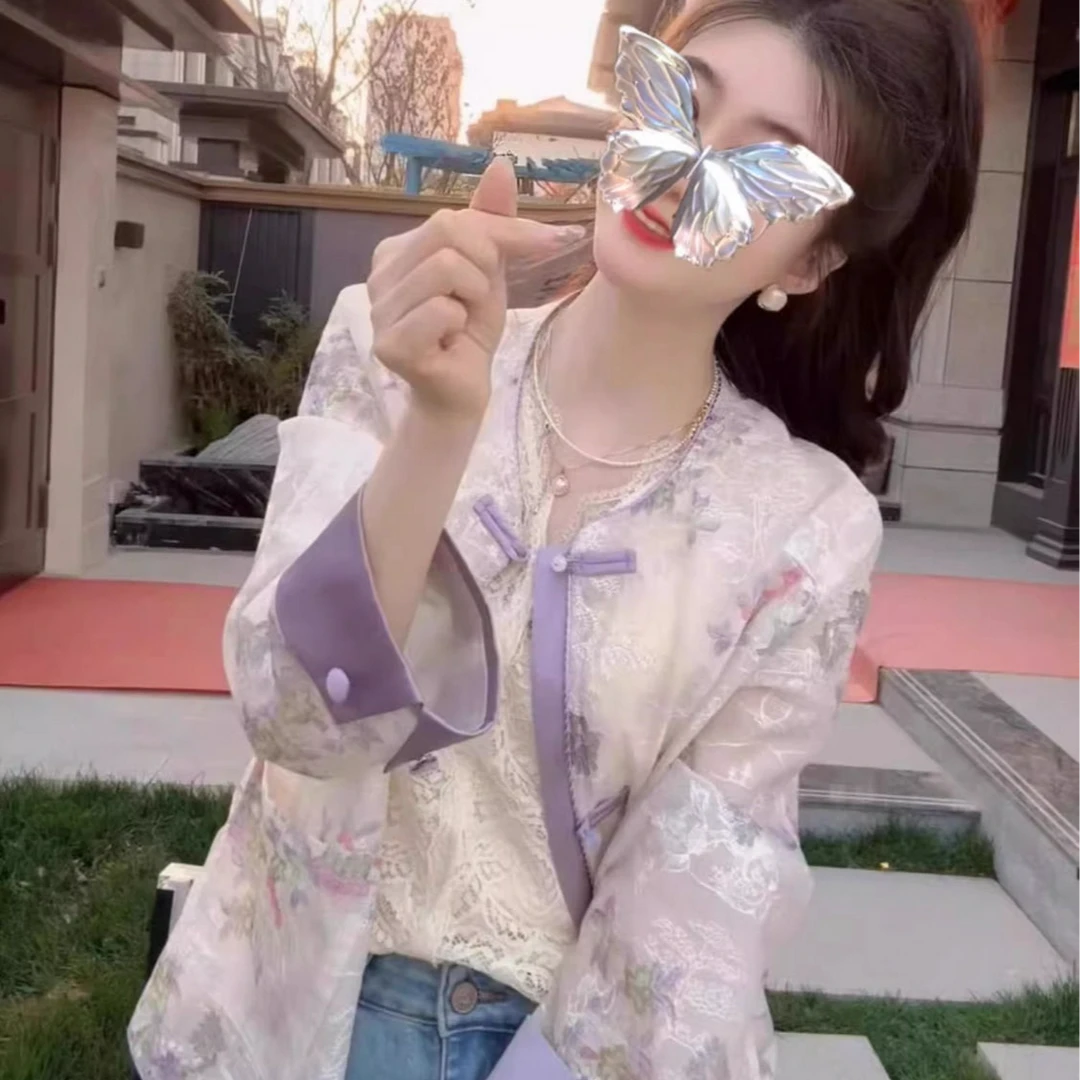 新中式国风紫色轻薄防晒衬衫女2025小个子时尚唐装上衣早秋穿搭