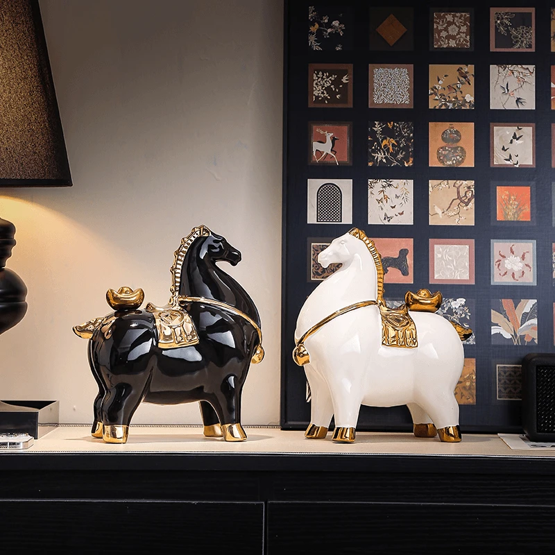 【一对马】马上有钱陶瓷摆件创意简约玄关书房客厅办公酒店禅意新居
