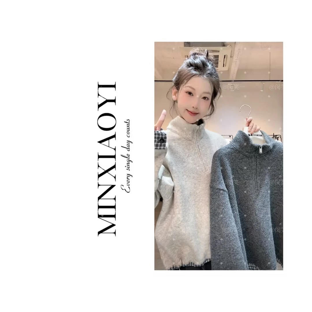 【闵笑一】拉布回忆秋冬新款加绒针织衫卫衣毛套头拉链上衣女装加厚