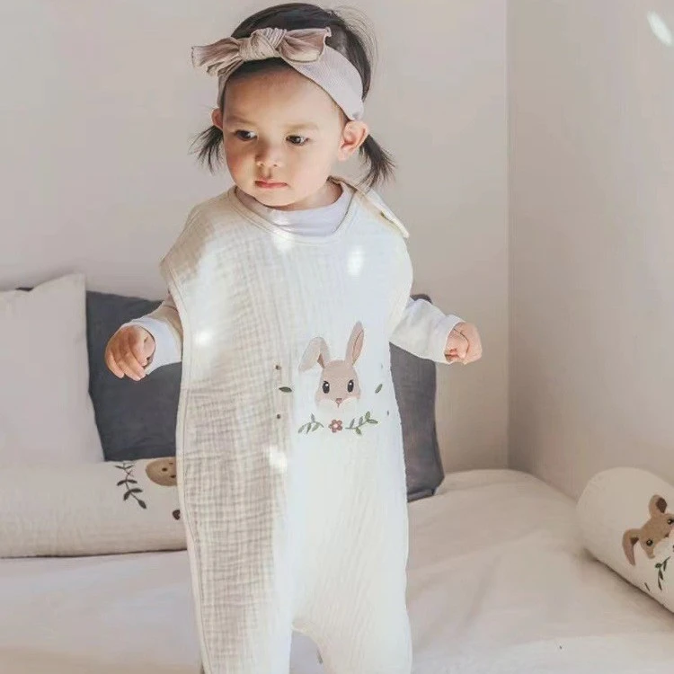 新款韩国婴儿纱布爬行服春夏秋薄款儿童四季通用分腿防踢被哈衣