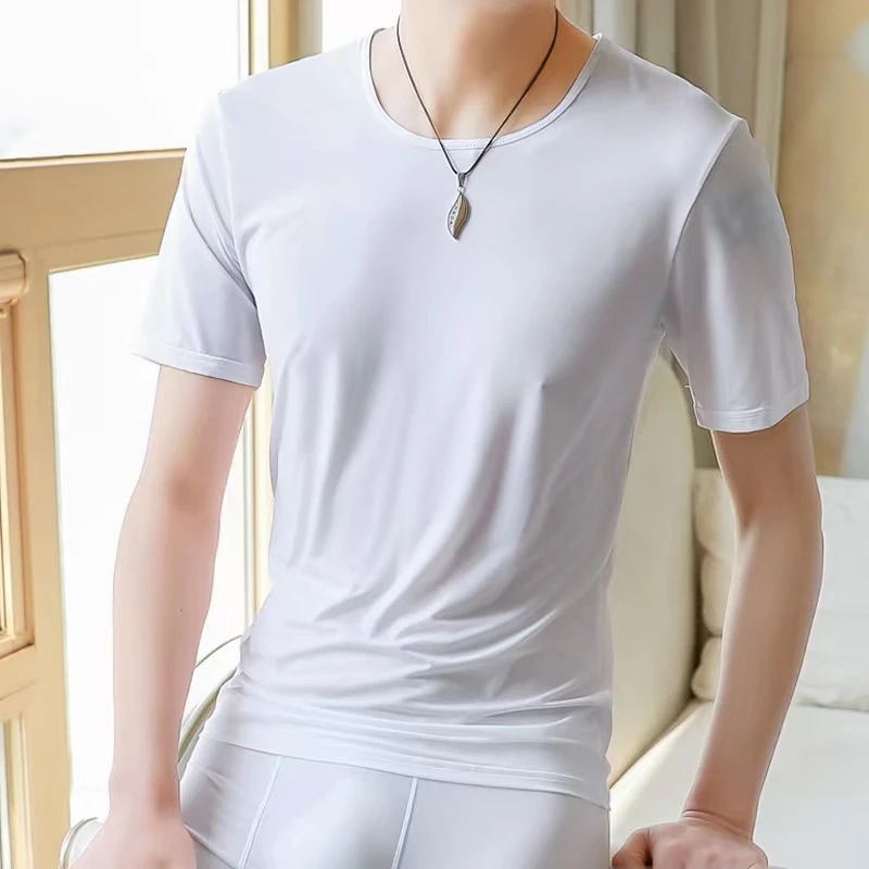 2023春季新款男士丝滑面膜轻薄家居服高弹运动薄款纯色套装t恤