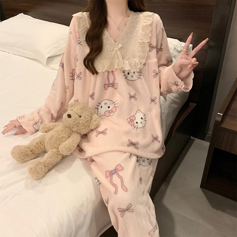 卡通凯蒂猫秋冬珊瑚绒睡衣女甜美公主风加绒加厚法兰绒家居服套装