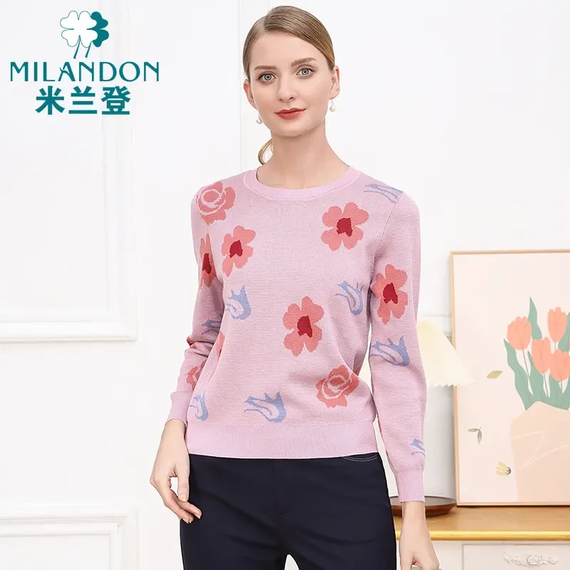 MILANDON/米兰登秋季新款印花圆领针织衫休闲保暖上衣女1O3W1110