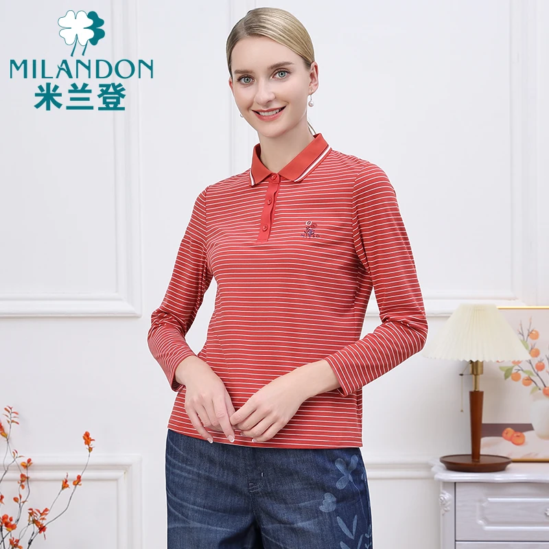 MILANDON/米兰登秋季休闲经典条纹女士翻领T恤长袖上衣3P3T1108X