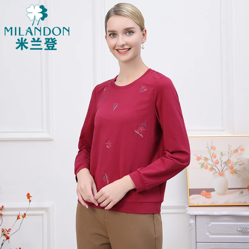 MILANDON/米兰登秋季新款2024休闲绣花长袖圆领T恤宽松3P3T1118X