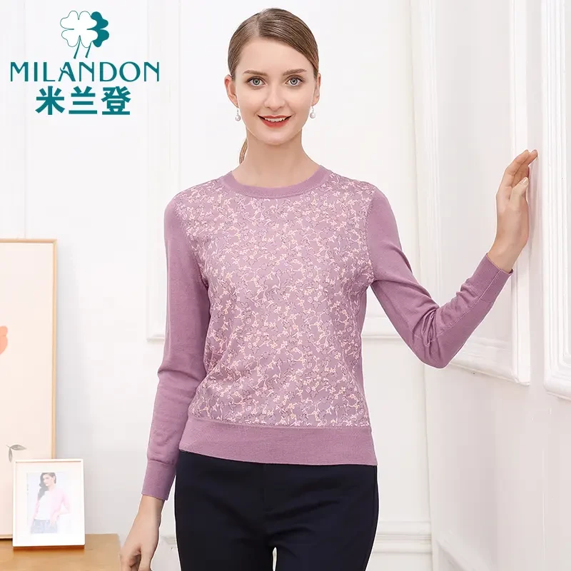 MILANDON/米兰登秋季新款长袖气质针织衫印花圆领上衣女1O3W1109