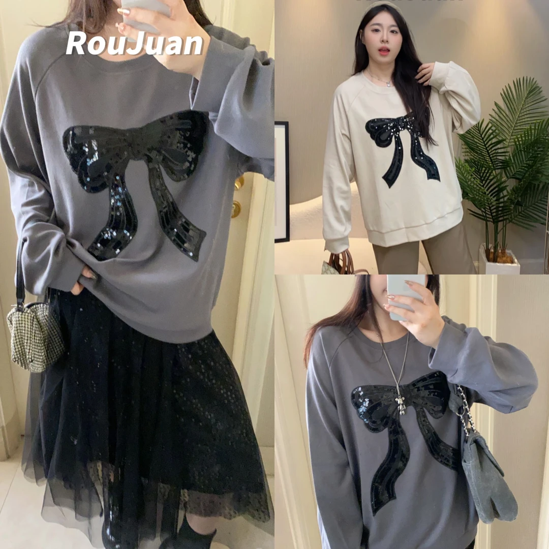 【浅秋】遮肉减龄慵懒oversize街头休闲蝴蝶结刺绣亮片长袖卫衣