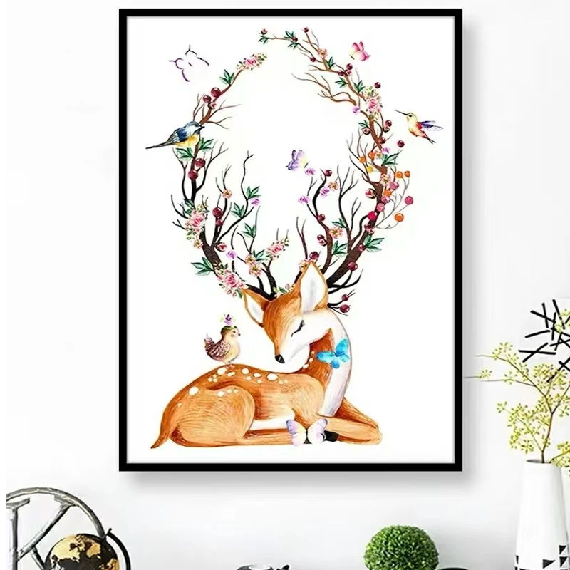 梅花鹿十字绣新款客厅小清新小型鸟语花香玄关爆款麋鹿挂画非满绣