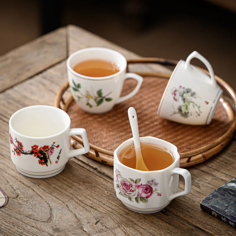 陶瓷茶杯水杯花茶品茗杯简约描金有耳个人杯杯子茶具咖啡杯马克杯