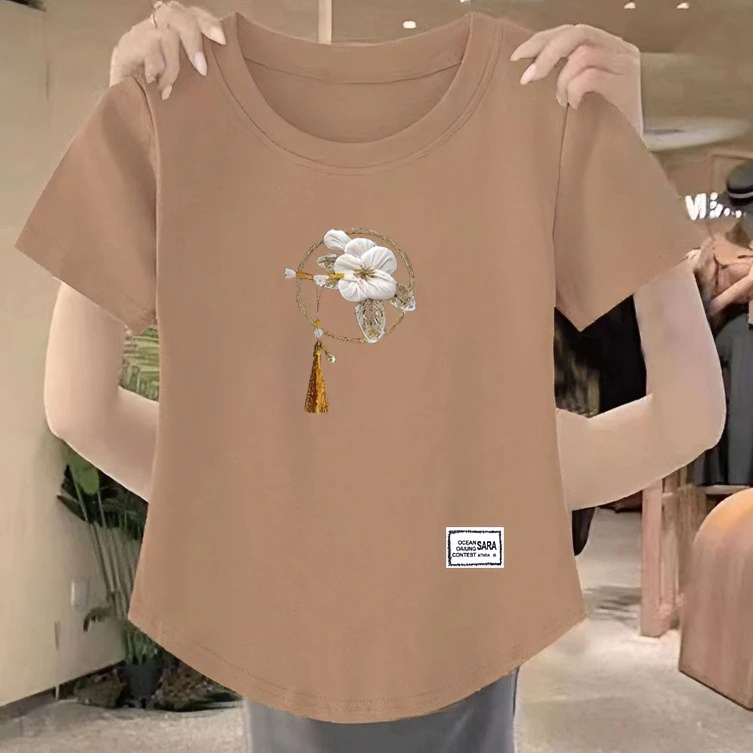 短袖t恤女夏季时尚中式国风印花宽松胖mm遮肉打底洋气气质上衣ins