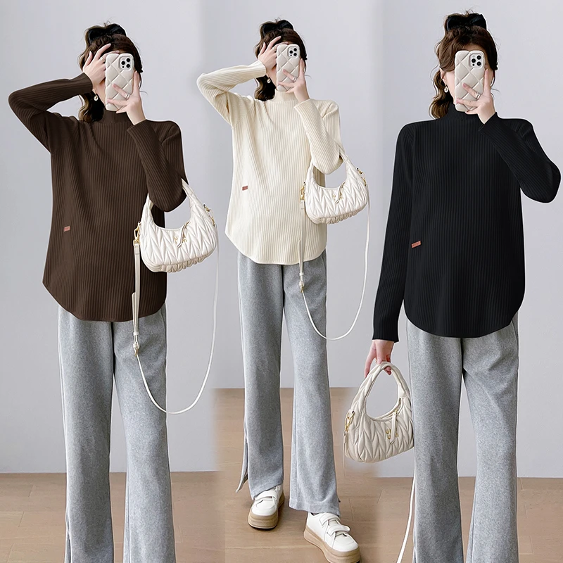 新款孕妇装针织圆领毛衣秋冬季遮肚百搭打底衫孕妇中长款减龄上衣