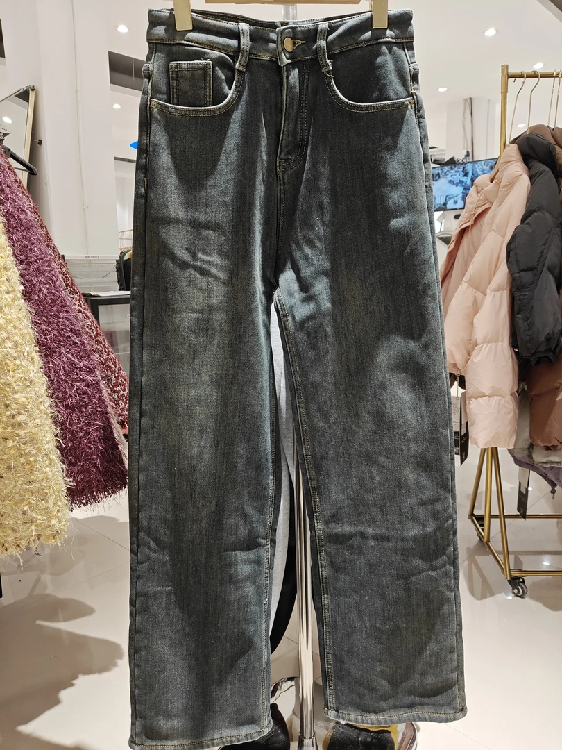 水泥灰加绒加厚长裤高腰女秋冬牛仔裤直筒裤