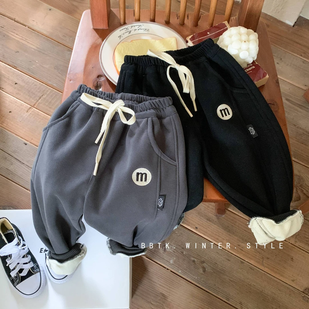 儿童长裤2022冬款男童刺绣M字母加绒卫裤宝宝休闲长裤 C0365