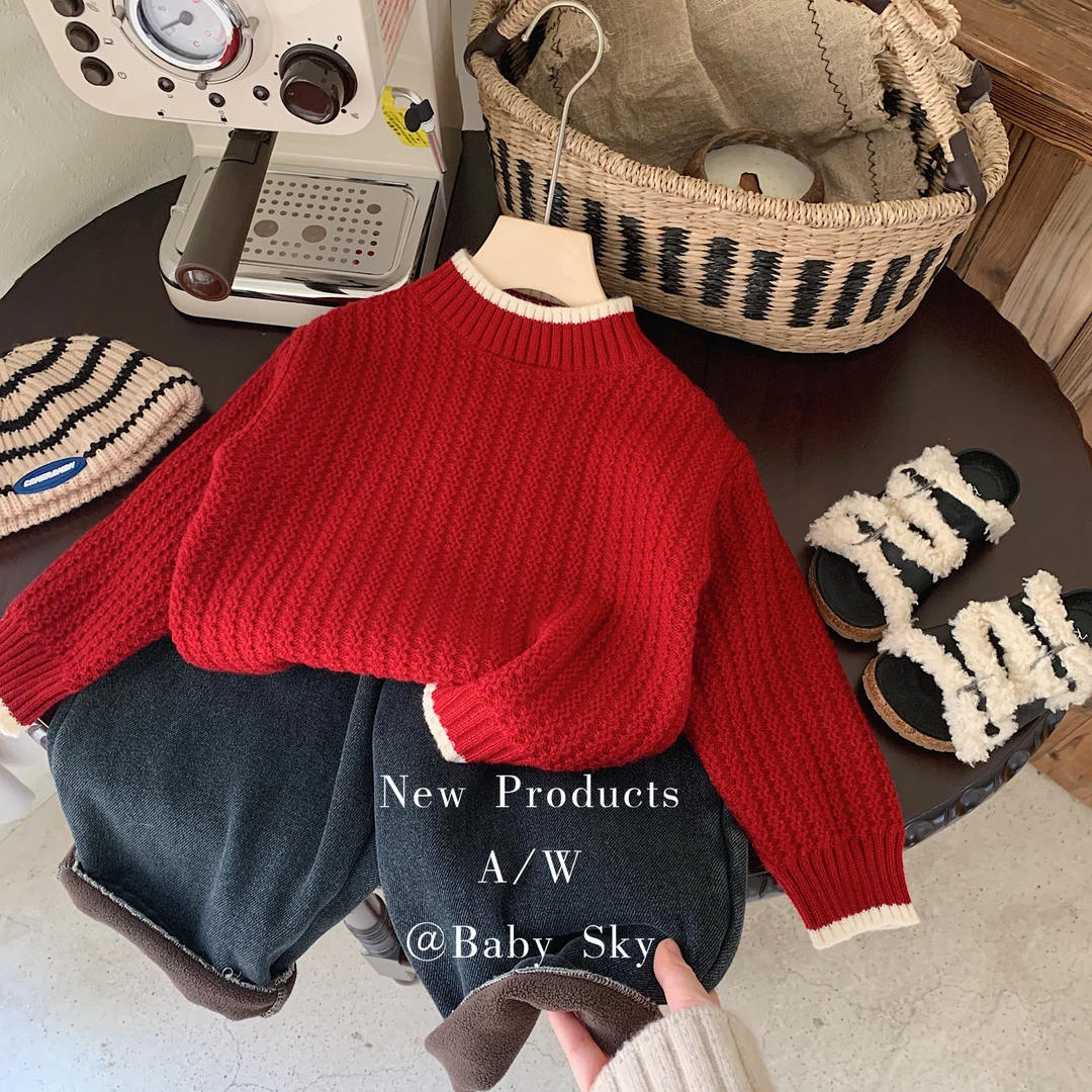 儿童毛衣2023冬季新品边边撞色上衣韩版男童打底新年服 F0636