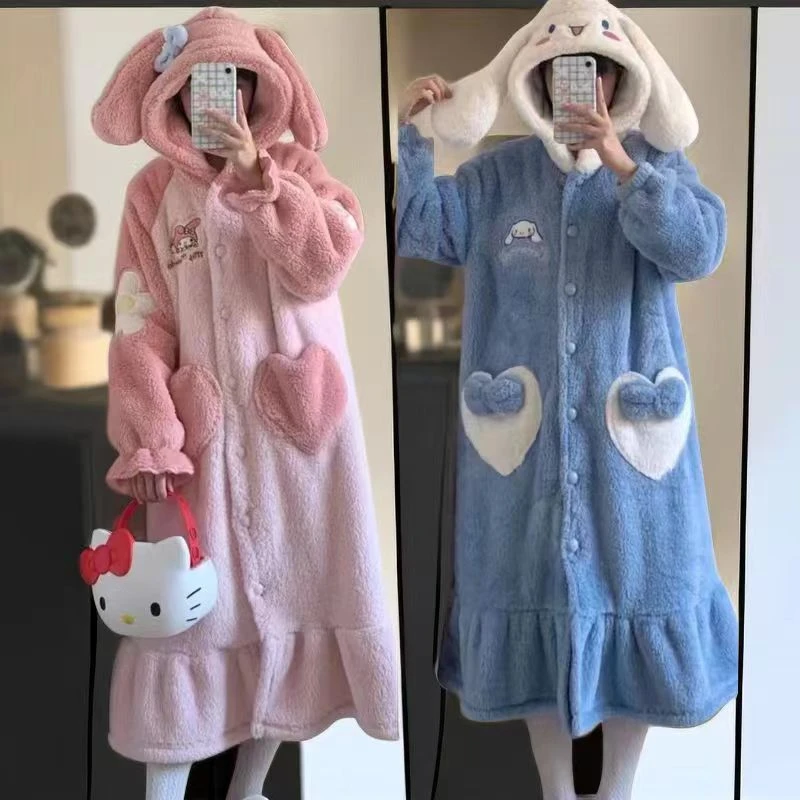 睡衣女秋冬季珊瑚绒加厚学生狗保暖长裙套装家居服睡衣毛绒家居服