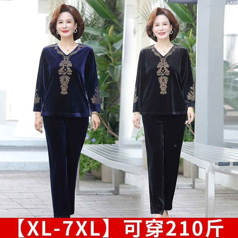 妈妈装烫钻金丝绒两件套大码2023秋季新款中老年休闲复古运动套装