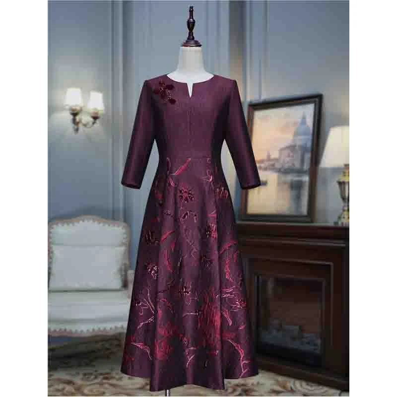 2025年春夏季新款高贵婚宴妈妈装洋气礼服提花喜婆婆小个子A摆裙