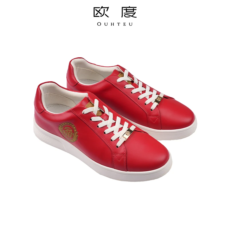 OUHTEU/欧度休闲板鞋皮鞋印花logo牛皮革男时尚舒适秋季红色5013