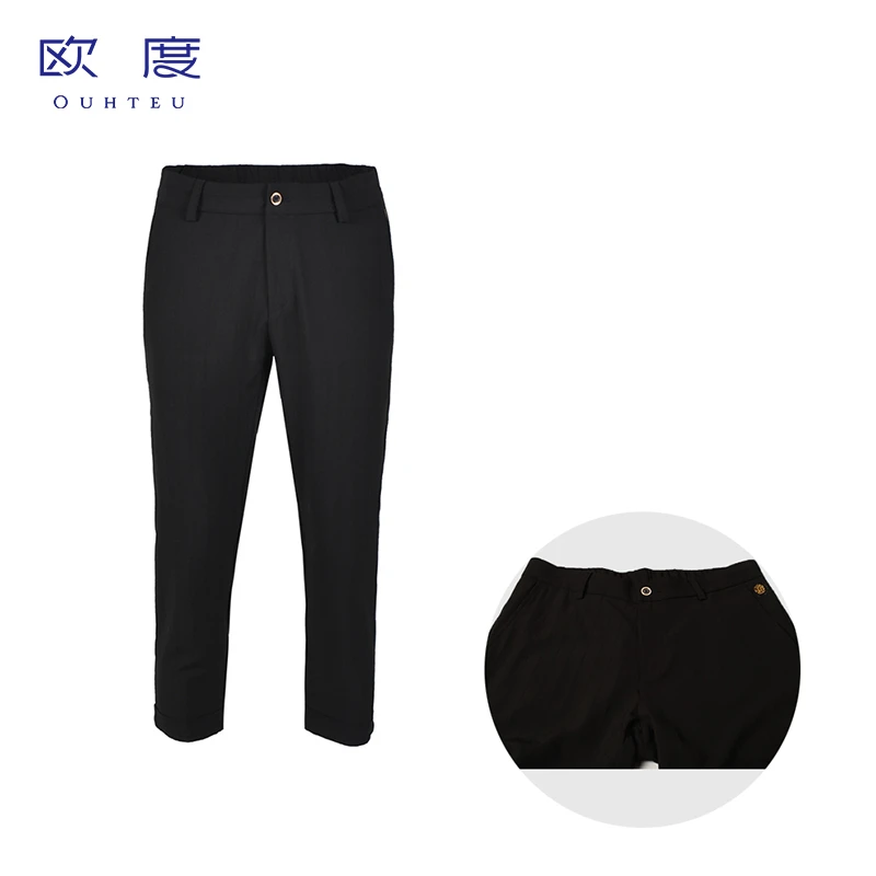 OUHTEU/欧度时尚休闲裤男士粘纤刺绣烫钻潮流修身夏季黑色0506