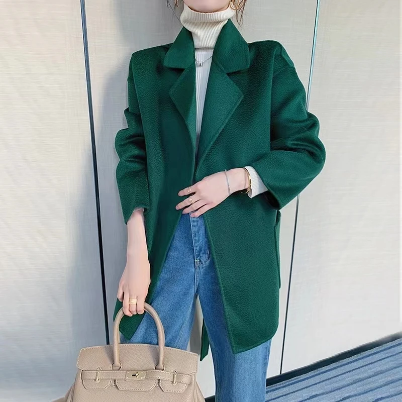 水波纹羊毛大衣女短款欧洲站宽松西装领系带双面呢纯羊毛呢子外套