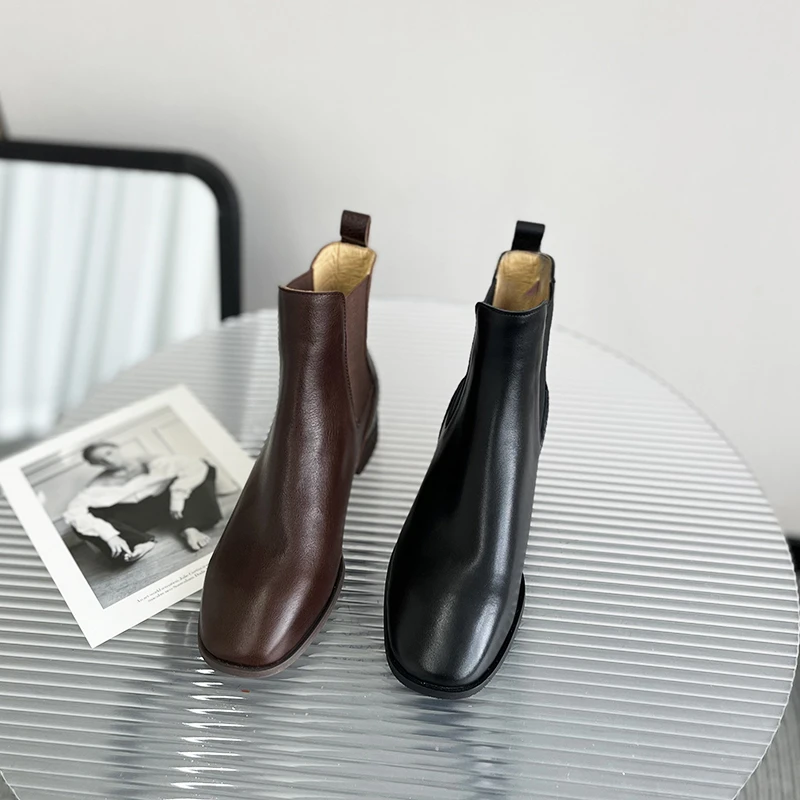 2.5cm/2024牛皮短靴百搭复古英伦风秋冬短筒时装靴