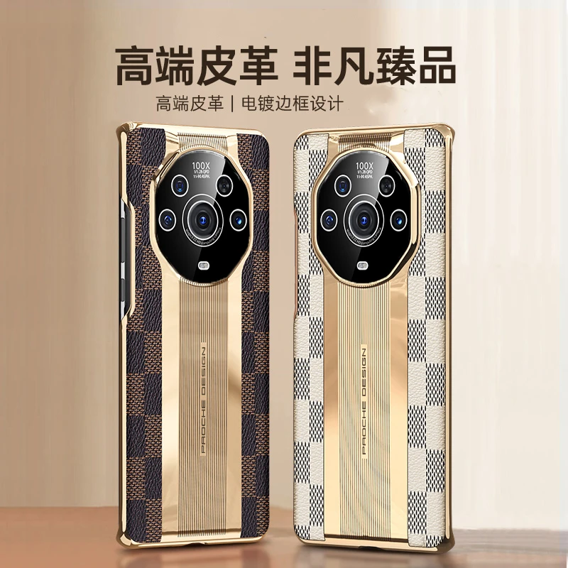 适用荣耀Magic3至臻版手机壳复古格纹素皮电镀超跑线条商务后壳