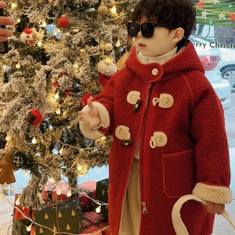 【KeyKey】新款儿童红色年服连帽呢子大衣氛围感穿搭年服儿童大衣冬