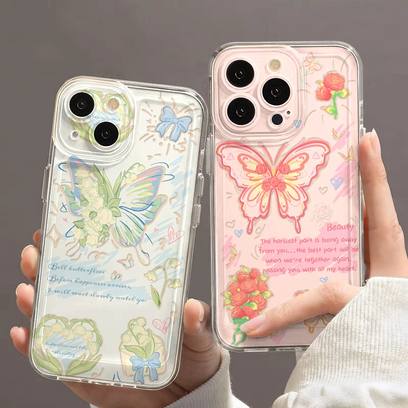ins春日彩色蝴蝶适用苹果14promax手机壳iPhone15/13透明12全包11