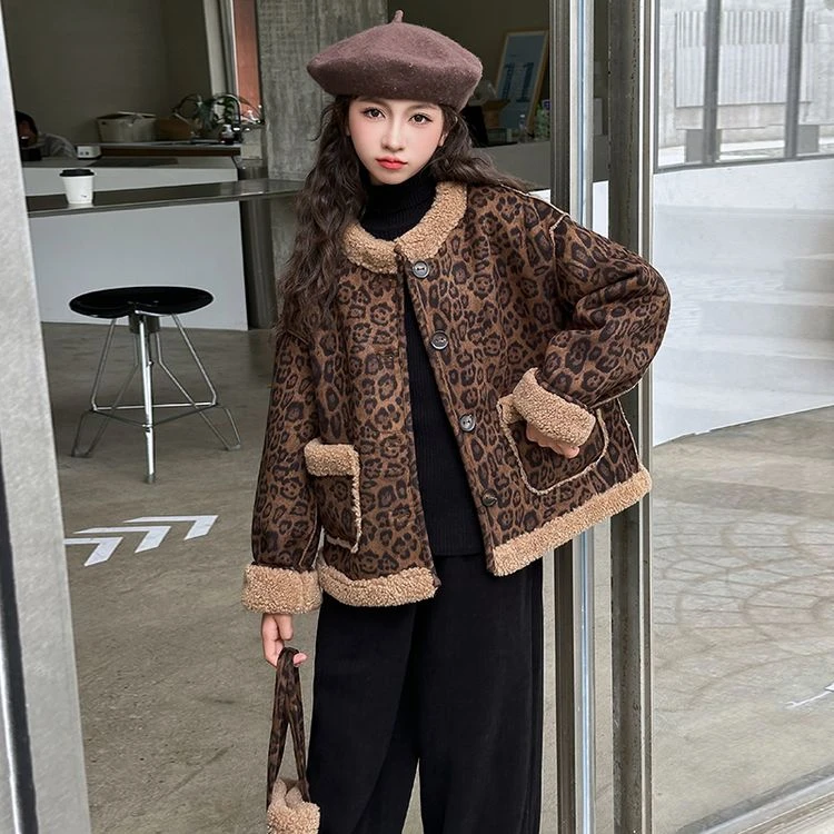 女童外套2024秋冬胡潮酷韩系豹纹两面穿加绒加厚夹克皮毛一体外套