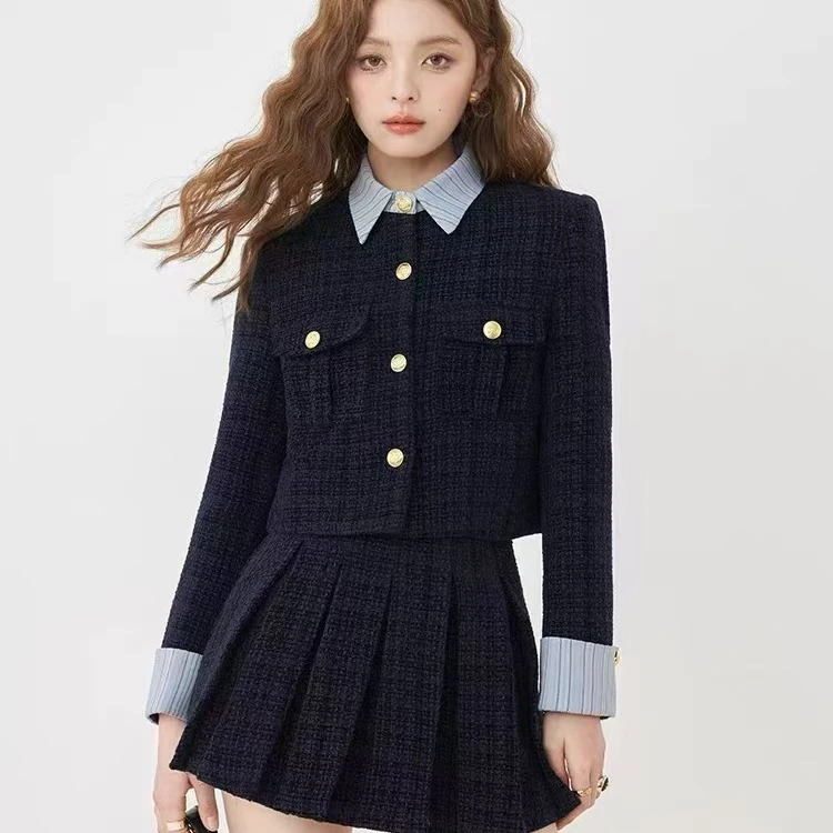 早冬穿搭蓝色小香风套装女秋季2024新款学院风拼接气质两件套裙装