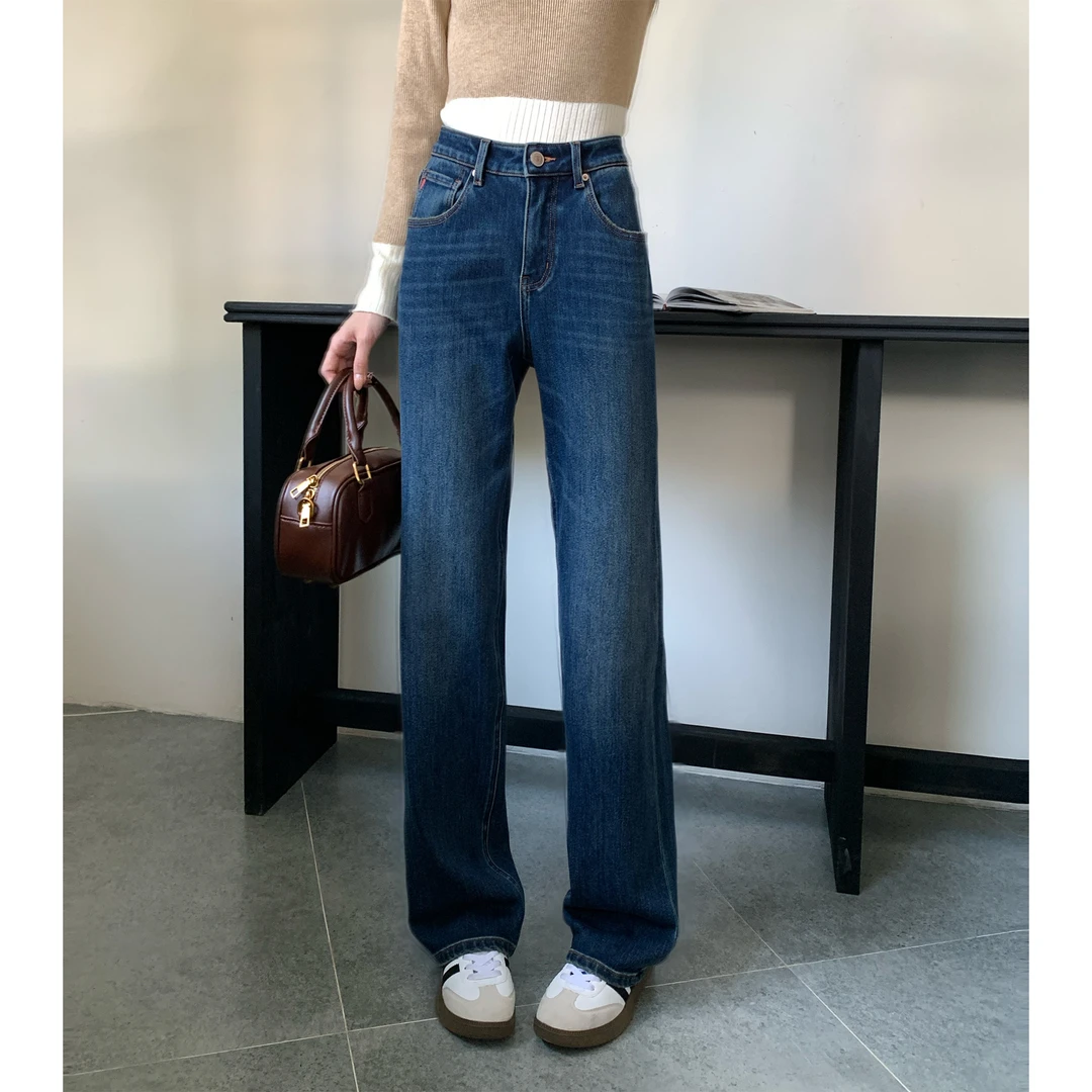 【椰哥女裤】秋冬新款四面弹加绒窄版直筒裤高腰宽松显瘦牛仔裤女