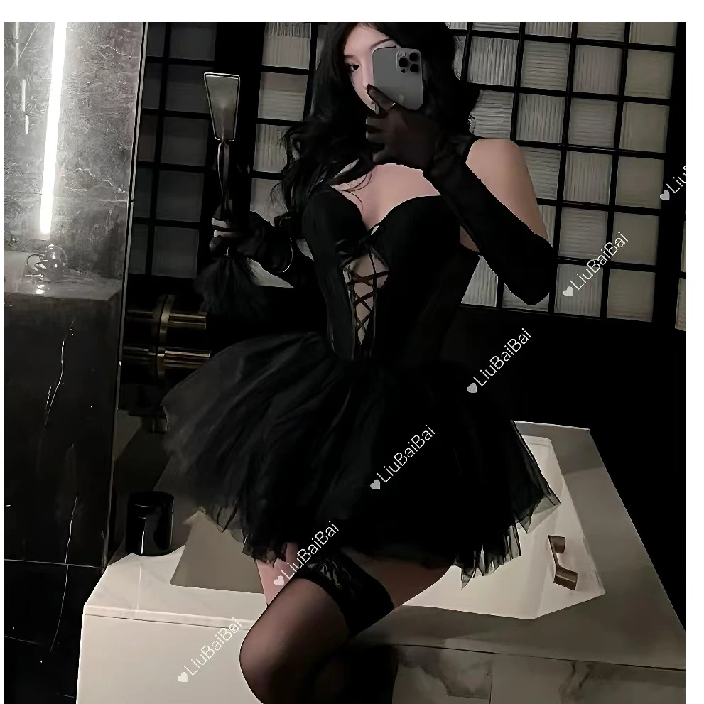 刘掰掰性感暗黑猫女郎恶魔女仆蕾丝半透纯欲制服套装cos兔女郎