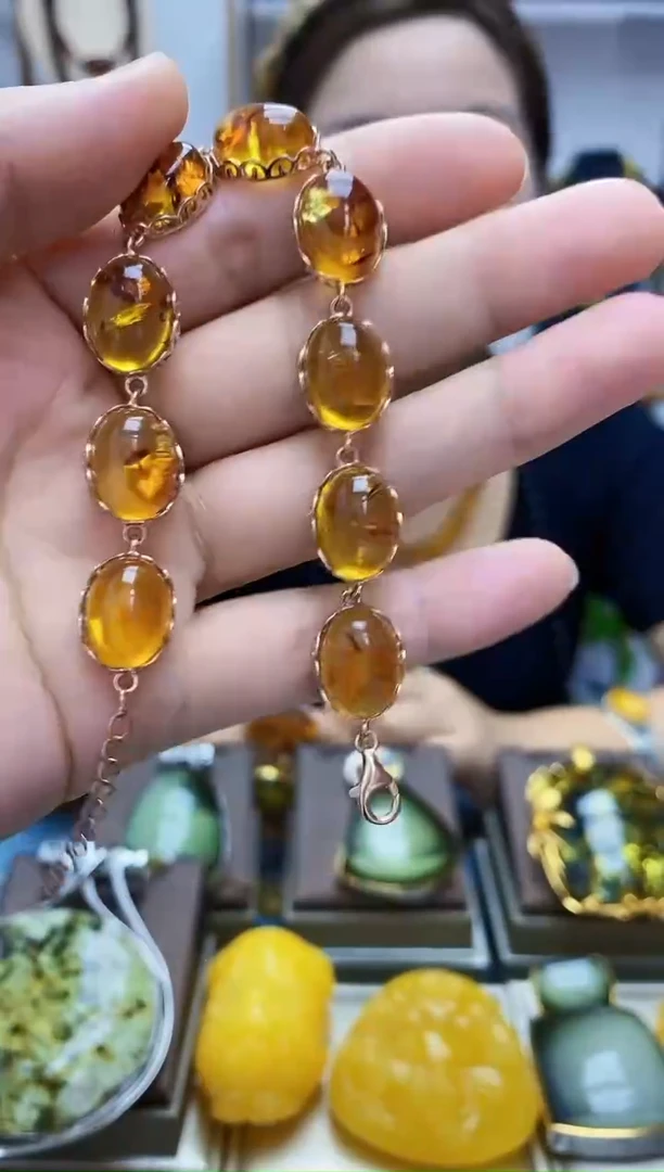 【闪购商品】琥珀裸石银S925镶嵌花珀手链