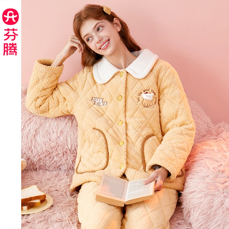 芬腾睡衣2025年新款法兰绒夹棉加厚加绒甜美可爱高级感家居服套装