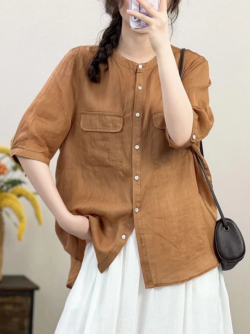 文艺复古苎麻纯色双口袋宽松衬衫女夏季新款休闲百搭显瘦立领上衣
